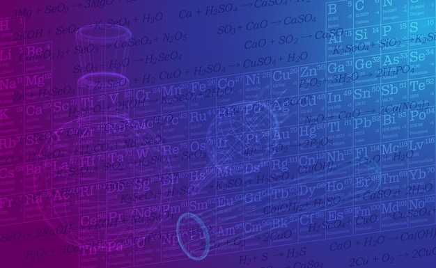 Vector illustration of a table of chemical elements formulas and chemical glassware