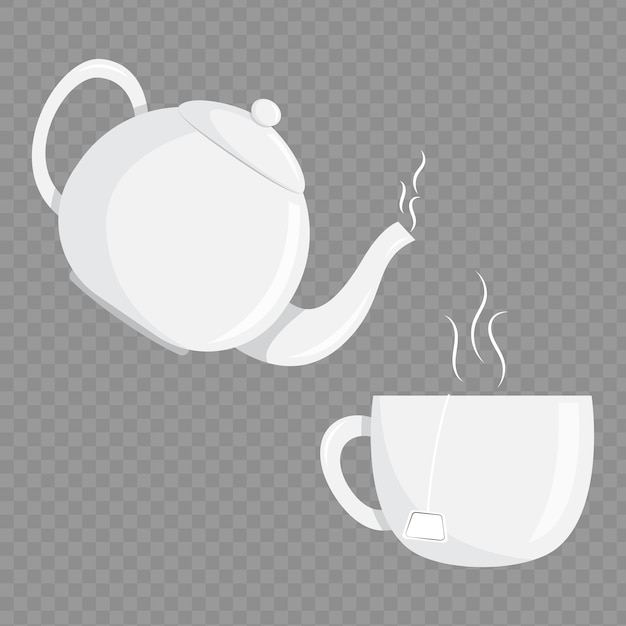 Vector vector illustration of tea cup and kettle on transparent background