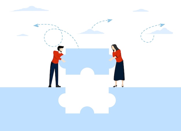 vector illustration of teamwork holding a puzzle as a form of problem solving