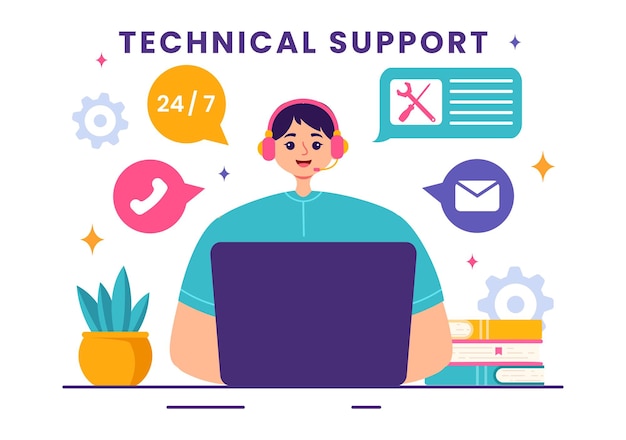 Vector vector illustration of a technical support system featuring software development customer service and technology help in a flat cartoon background