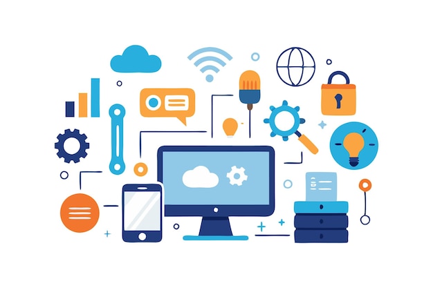 Vector illustration of technology and digital communication elements featuring a computer smartphone gears and cloud symbols