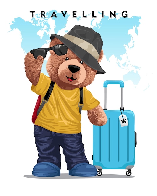 Vector illustration of teddy bear in traveler clothes with travel bag on world map background