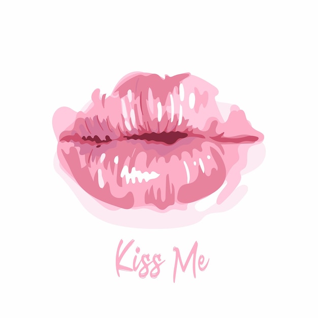 Vector illustration of tender pink lips, lettering kiss me. Valentines Day. Watercolor style. Happy World Kiss Day. True love forever. For a postcard, gift, banner, poster, print on clothes, fabric.