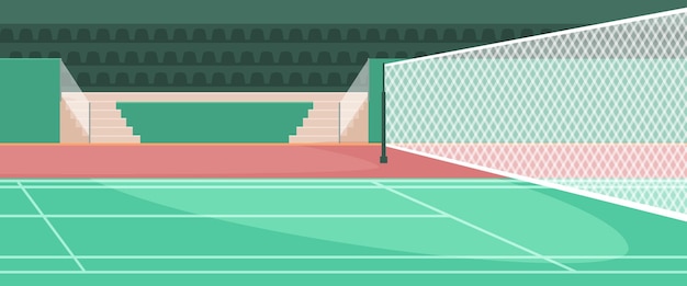 Vector illustration of a tennis court with a transparent net and stadium seating in a flat graphic style on a green and red background concept of sports Vector illustration