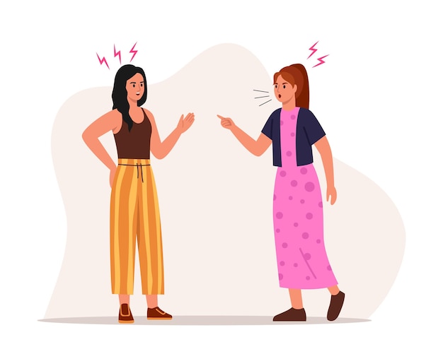 Vector vector illustration of a tense quarrel between girlscartoon scene of angry girls fighting arguing shouting gesturing with their handslightning around them isolated on a white backgroundconflict