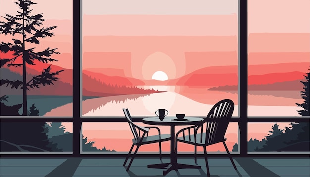 Vector vector illustration of a terrace with a view of the lake