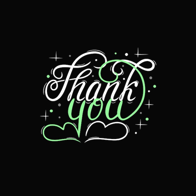 Vector illustration Thank you lettering in white and green with decor on a black background