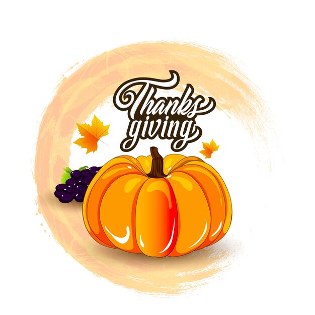 Vector vector illustration thanksgiving greeting card with leaves, pumpkin and wood background.