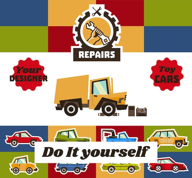 Vector illustration on the theme of vehicle repair and assembly for the child Designed for packing a toy The truck is designed for repair