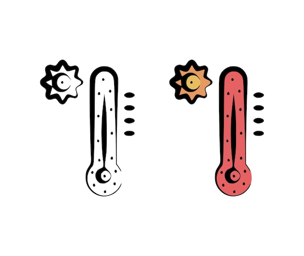 Vector illustration of a thermometer with the sun symbol in a hand drawn style on a white background