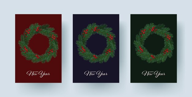 Vector vector illustration of three christmass wreaths with happy new year text winter holidays snowflakes santa claus new year santa chimes gift present holiday winter bow celebrate concept