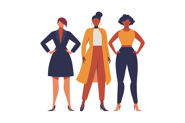 Vector vector illustration of three confident women in fashionable outfits standing together