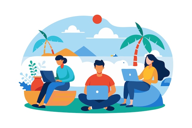 Vector vector illustration of three people working on laptops outdoors in a tropical setting