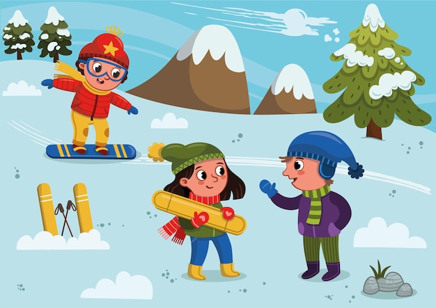 Vector illustration of three skier kids