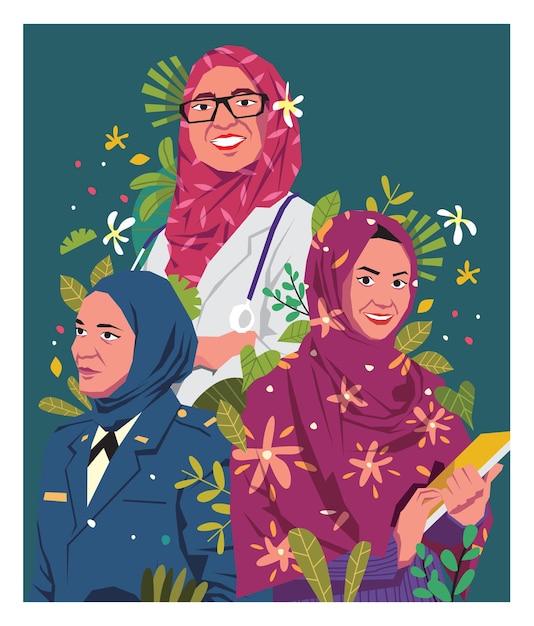 Vector illustration of three women muslimah professions chaplain doctor student