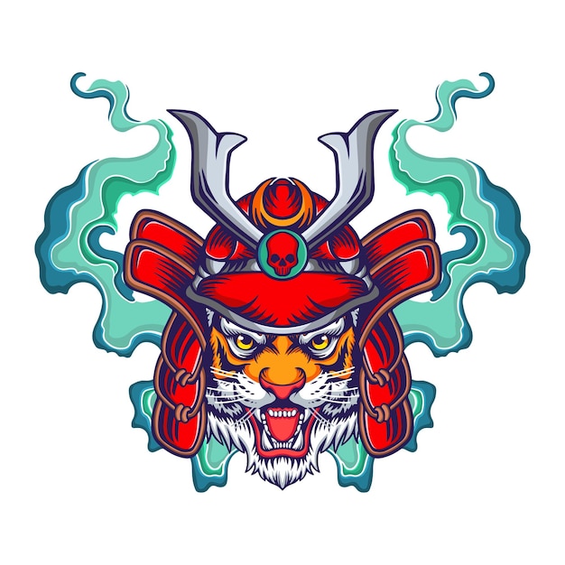 vector illustration of a tiger in a samurai helmet