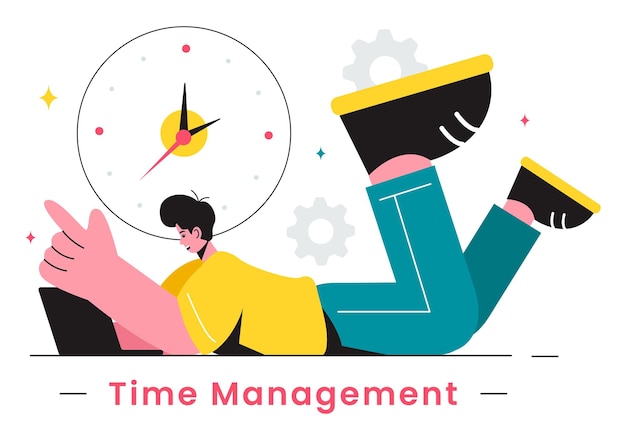 Vector vector illustration of time management with clock controls and task planning training activities and schedule in a flat cartoon style background