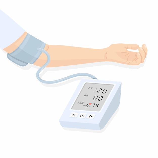 Vector illustration of a tonometer and the hand of a person measuring blood pressure