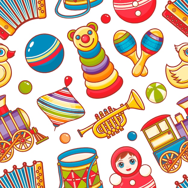 Vector illustration of toys and musical instruments for children seamless pattern