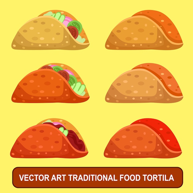 Vector vector illustration of traditional food tortilla stuffed with minced meat with vegetables and sauce