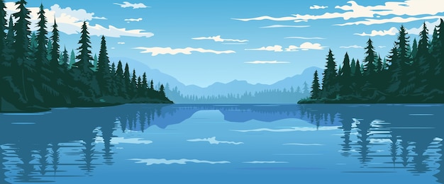 Vector vector illustration of a tranquil forest landscape with mountains pine trees and a reflective lake under a partly cloudy sky vector illustration