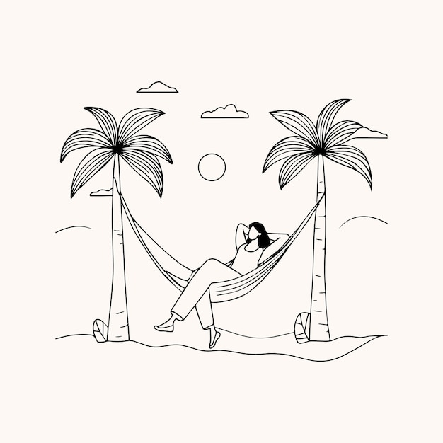 Vector illustration of Traveler relaxing on hammock doodle illustration