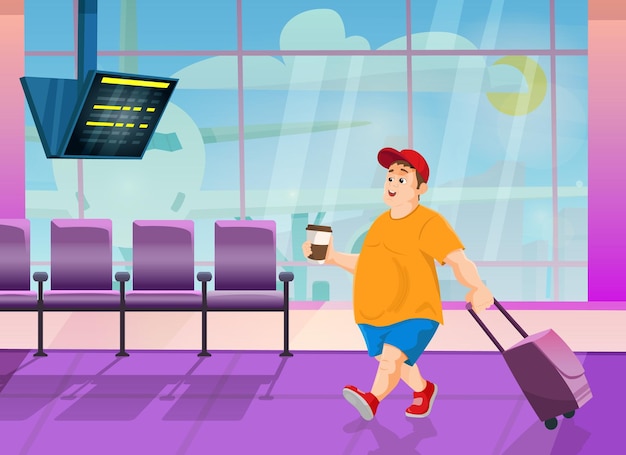 Vector illustration of a traveling young man at the airport terminal with suitcase