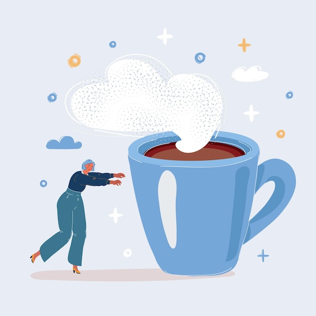 Vector vector illustration of tried woman walking to giant coffee mug