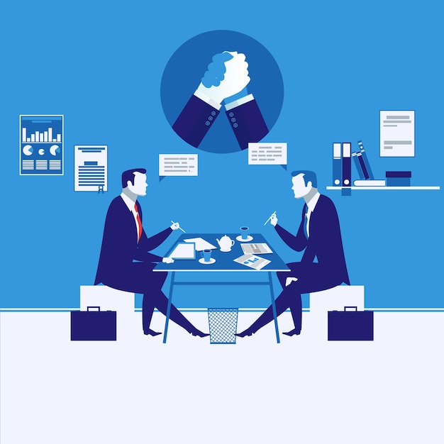 Vector illustration of two businessmen having meeting arm wrestling symbol