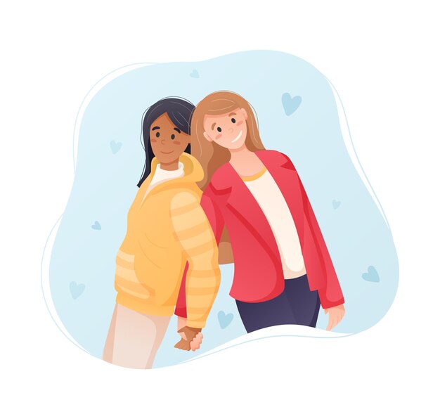 Vector vector illustration two female friends or lesbian couple of girls are standing