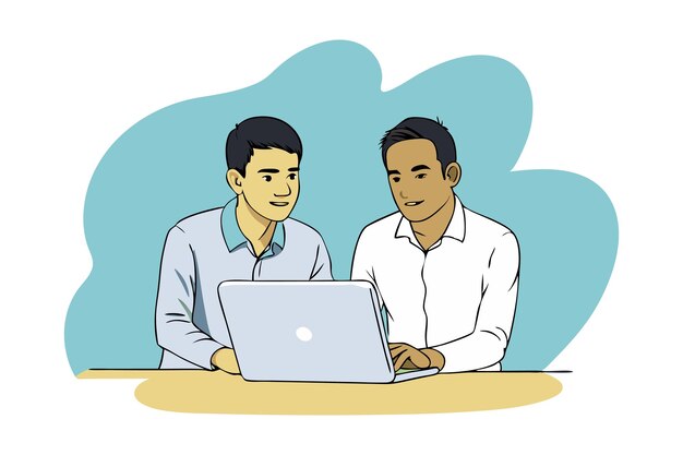 Vector a vector illustration of two men working on laptops symbolizing collaboration teamwork and professional work