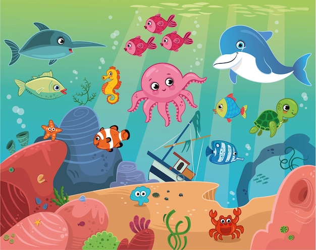 Vector illustration of underwater cartoon marine animals