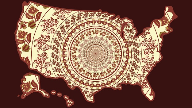 Vector illustration of United States map. USA borders. Ukrainian folk embroidery ornament.