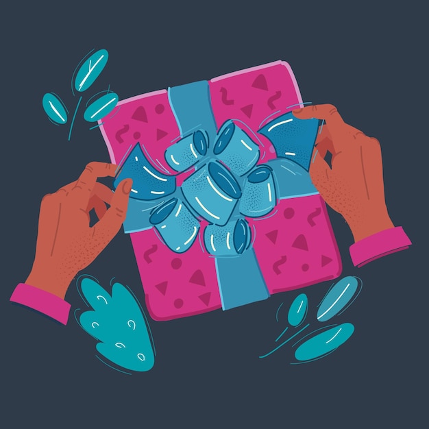 Vector vector illustration of unpacking the gift by hands on dark backround