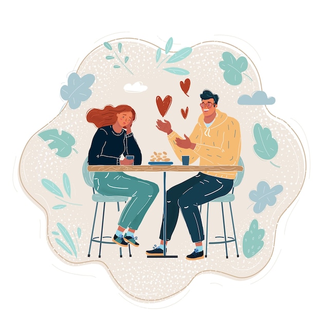 Vector illustration of unrequited love Bored woman and man in love have a bad date in a cafe