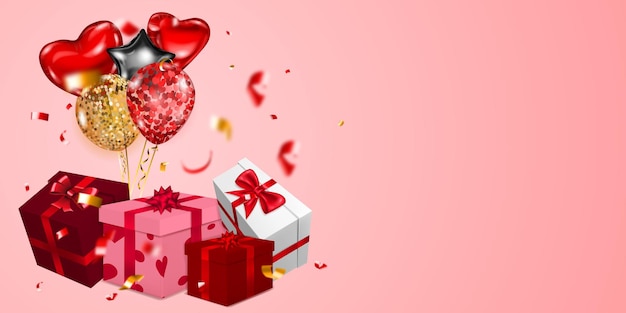 Vector illustration for Valentines Day with helium balloons small blurry pieces of serpentine and several red and white gift boxes with ribbons bows and pattern of hearts on pink background