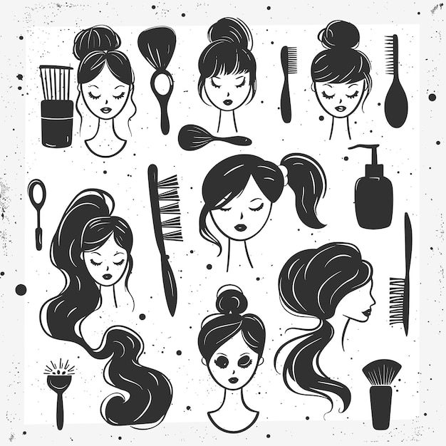 Vector vector illustration of various female hairstyles and hair care tools in black and white