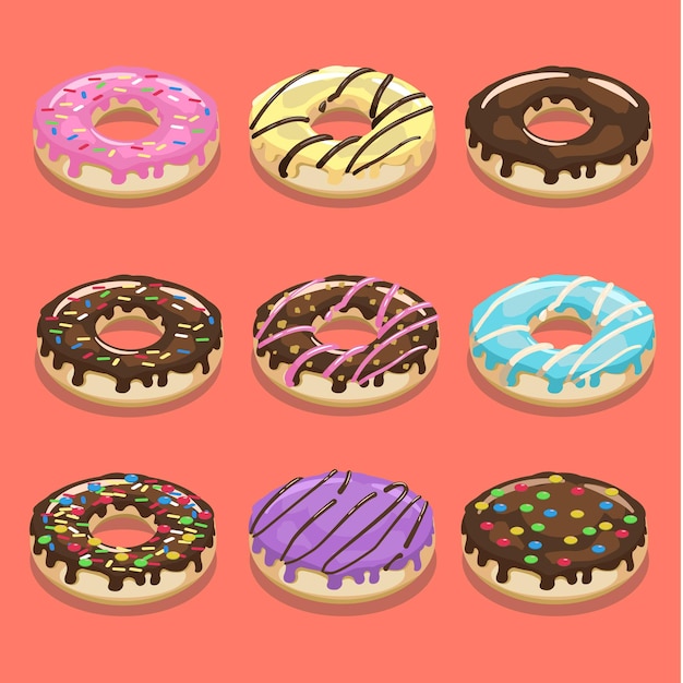 vector illustration of various kinds of cute donuts with various flavors and colors