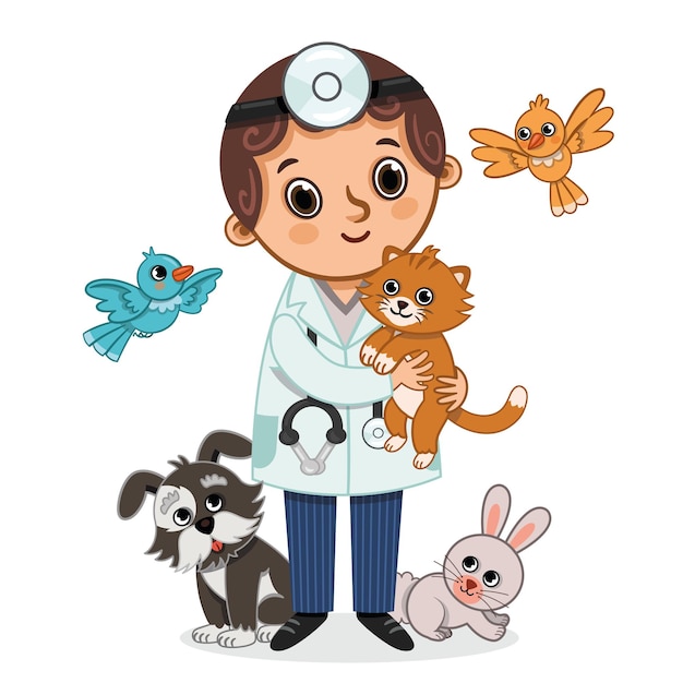 Vector vector illustration of vet and animals