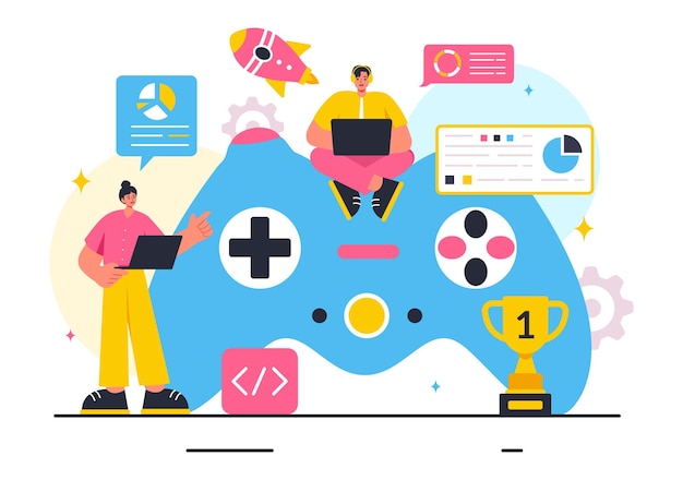 Vector vector illustration of video game development with games digital technology programming and coding in a flat style cartoon background