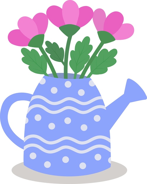 Vector illustration of a watering can in the form of a vase with spring flowers tulips daisies