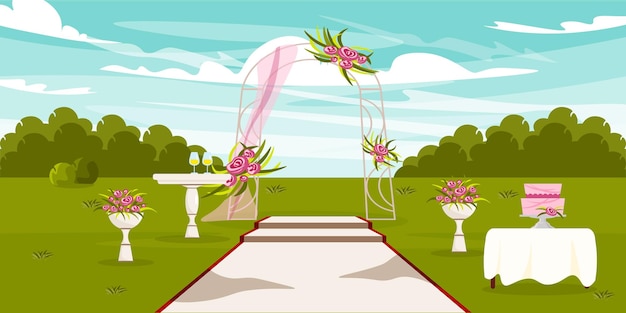 Vector illustration of wedding ceremony Cartoon landscape with wedding arch champagne wedding cake flowers path for young