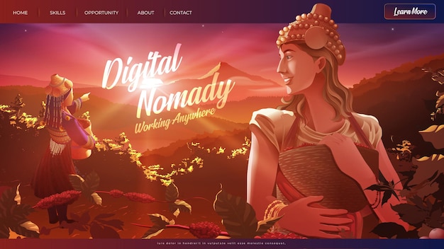 Vector illustration of the western lady digital nomad helping a tribe lady