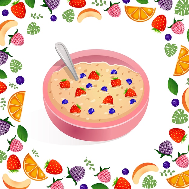 Vector illustration on a white background oatmeal with blueberries and strawberries