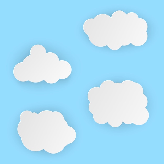 Vector illustration, white simple clouds in papercut style with transparent shadows isolated on blue background