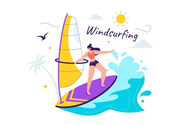 Vector vector illustration of windsurfing with a person standing on a sailing boat holding the sail in an extreme water sport in flat cartoon background