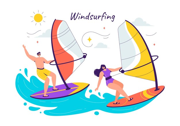 Vector vector illustration of windsurfing with a person standing on a sailing boat holding the sail in an extreme water sport in flat cartoon background