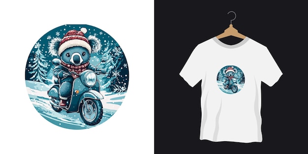 Vector illustration of winter celebration of cartoon koala riding a motorcycle in tshirt design