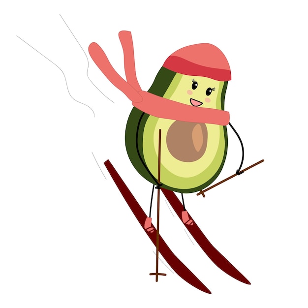 Vector illustration winter character avocado girl skiing Skiing