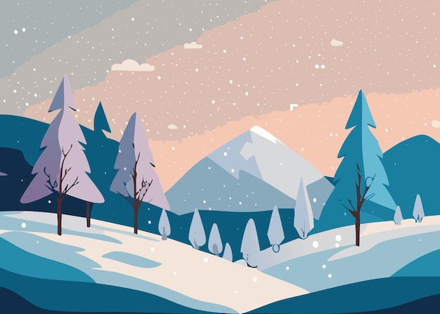 Vector vector illustration of winter landscape with mountains and pine trees